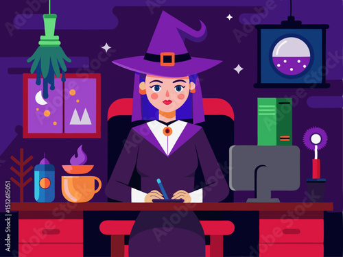 Halloween remote work scene with witch woman video calling spooky characters in festive office