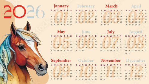 Horse calendar for 2026. Calendar grid. The symbol of the New Year 2026. Ready-made design. Calendar template. The design is done in restrained tones. Stylish calendar