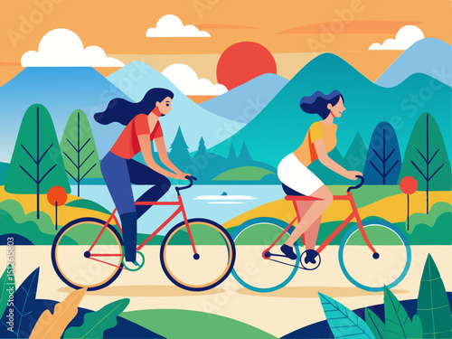 Flat colorful illustration of couple cycling through scenic park with mountains and lake view