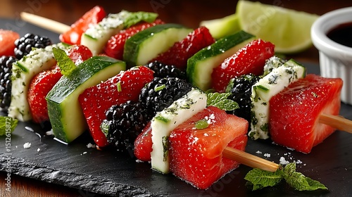 the image shows a set of food skewers with a variety of fruits and other items