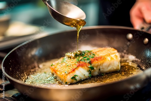 Fototapeta Naklejka Na Ścianę i Meble -  A chef pours a flavorful sauce over a perfectly seared fish fillet in a sleek kitchen. Fresh herbs and spices enhance the enticing aroma and visual appeal of the dish