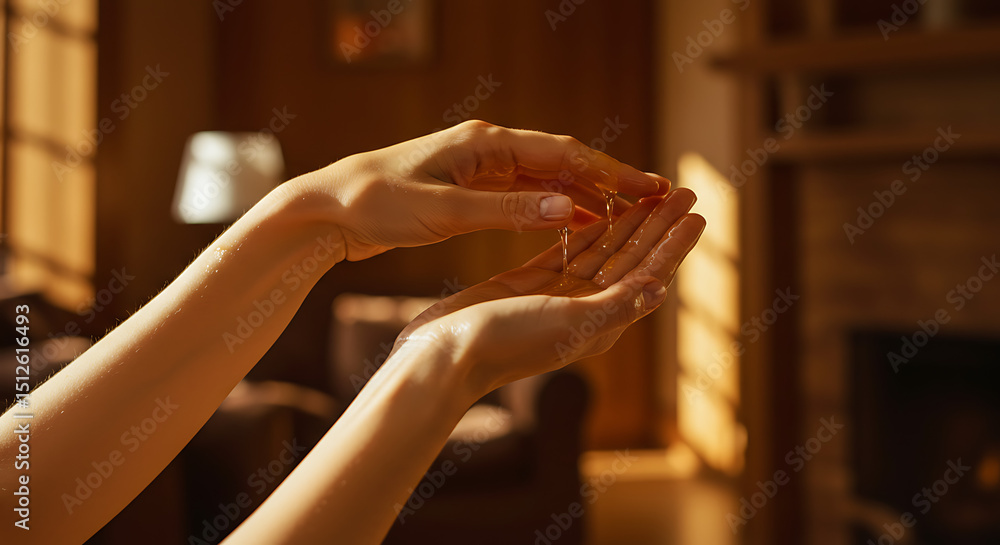 Obraz premium Hands with liquid, close-up view.