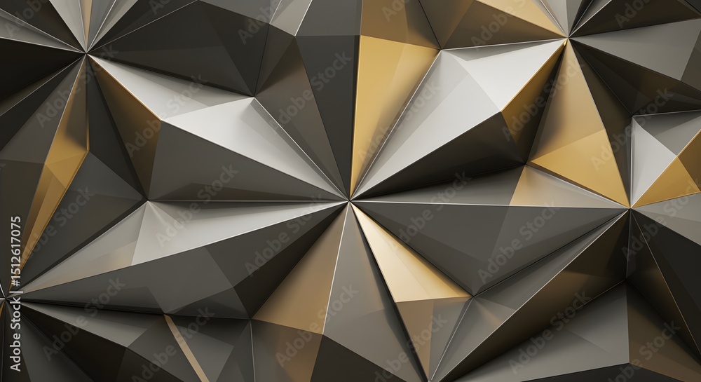 Fototapeta premium Abstract geometric background features gray and gold triangular facets radiating outwards.