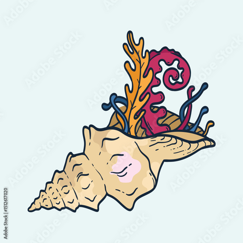 Colorful vector hand drawn illustration of algae in a big seashell