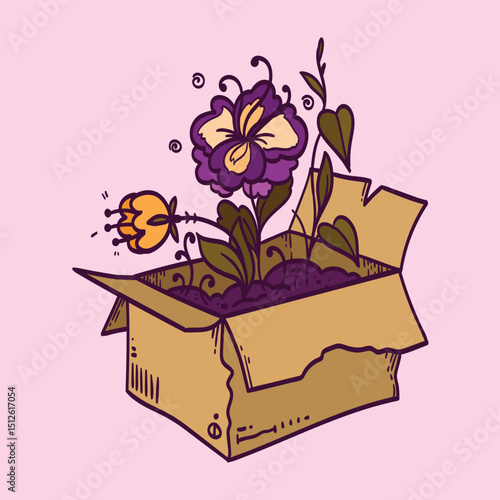 Colorful vector Illustration of fantasy flowers in an old box
