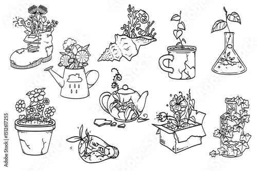 Handdrawn set of cartoon style fantasy plants