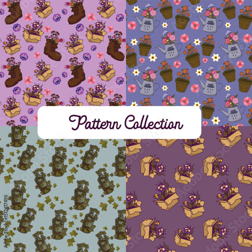 Set of colorful seamless vector patterns with plants and flowers