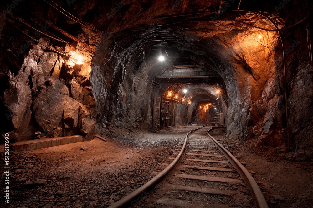 Naklejka premium Rustic mine tunnels are illuminated by warm lights, casting shadows on rough stone walls. Old tracks run through the space, suggesting past activity and exploration