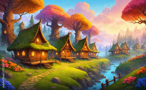 Magical Forest Village at Dawn