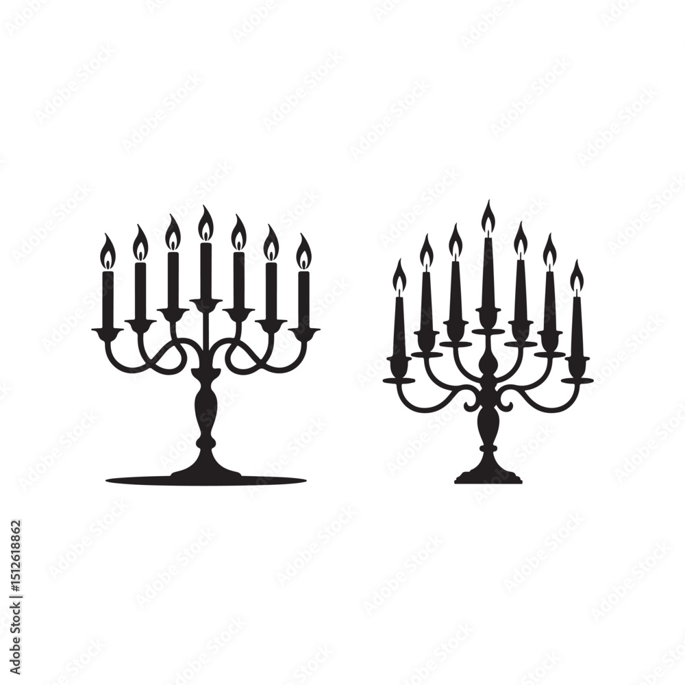Elegant Black and White Silhouette of Two MenorahsTwo stylized, black silhouette menorahs, featuring nine candles each, on a plain white background. Elegant Black and White Silhouette of Two MenorahsTwo stylized, black silhouette menorahs, featuring nine candles each, on a plain white background.