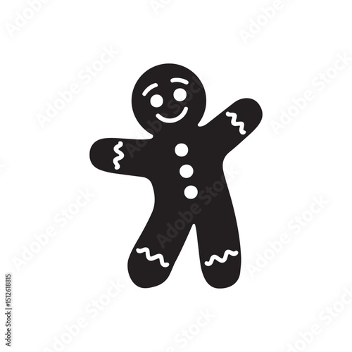 Cheerful gingerbread man silhouette design.A simple, black and white silhouette of a gingerbread man with a happy expression, arms outstretched.