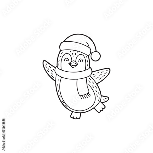 Cute Penguin in a Santa Hat, Ready for Coloring.A charming, black and white illustration of a penguin wearing a Santa hat and a cozy scarf.