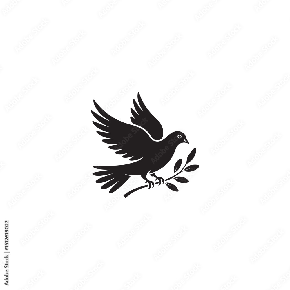 Obraz premium Silhouette of a dove carrying an olive branch, symbolizing peace.A simple, elegant black silhouette of a dove in flight, holding an olive branch.