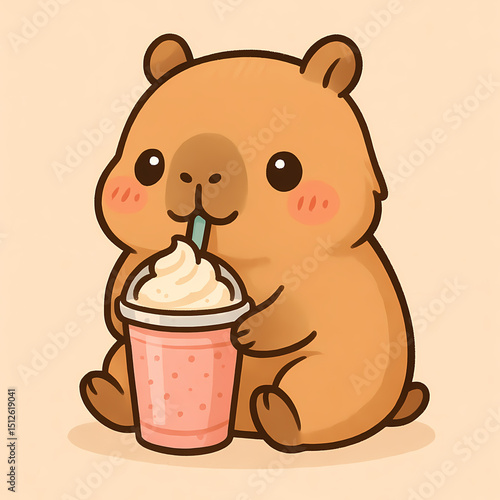 Cute Kawaii Capybara Drinking a Frappé