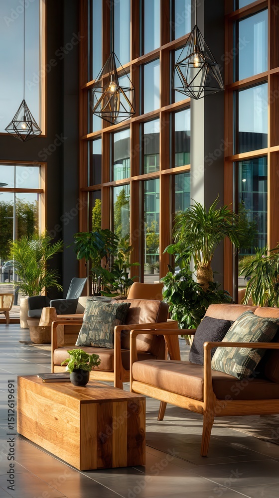 Obraz premium Elegant modern hotel lobby with floor-to-ceiling windows, tan leather armchairs, geometric pendant lights, and lush green plants creating warm inviting atmosphere in upscale hospitality space