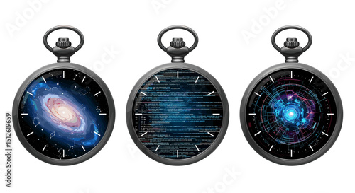 Three pocket watches displaying a galaxy, computer code, and a glowing circular design respectively