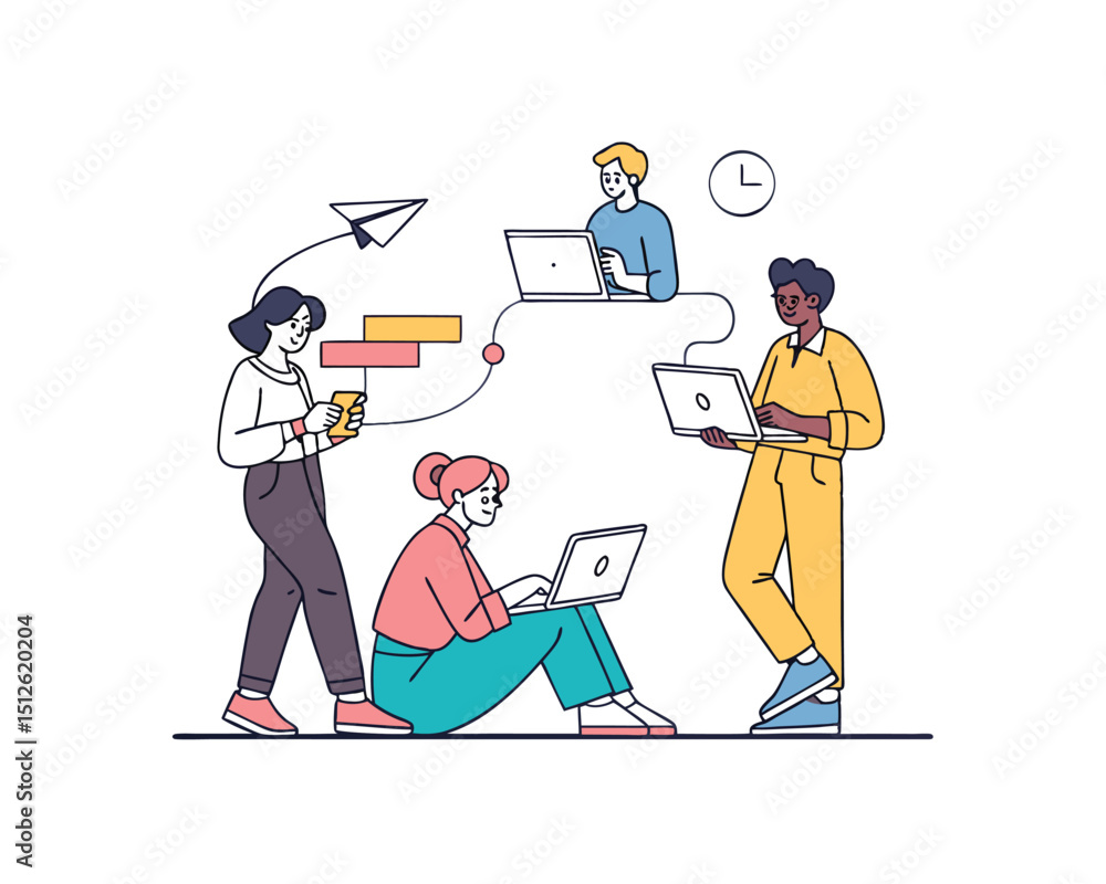 Fototapeta premium Diverse Team Collaborating on Project Using Laptops and Mobile