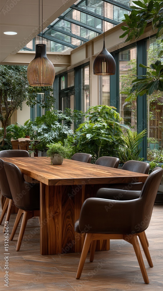Obraz premium Serene modern dining space with wooden table and leather chairs in plant-filled conservatory with glass ceiling and pendant lighting, interior design inspiration