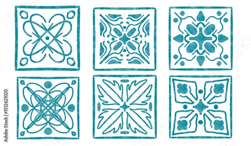 six tiles with blue watercolor patterns