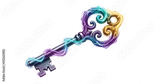 A colorful ornate key with a magical aura, featuring shades of purple, blue, and gold, isolated on white