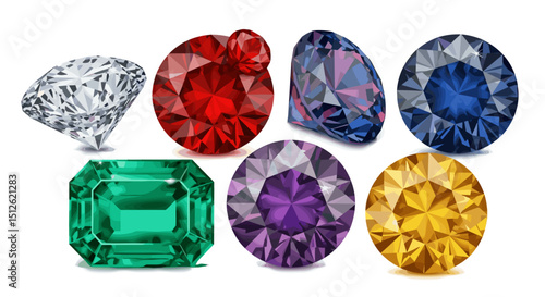 Assorted colorful gemstones including a diamond ruby emerald sapphire amethyst and topaz on white background