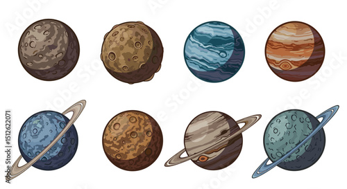 Collection of cartoon planets with varying textures rings and color schemes in an array format
