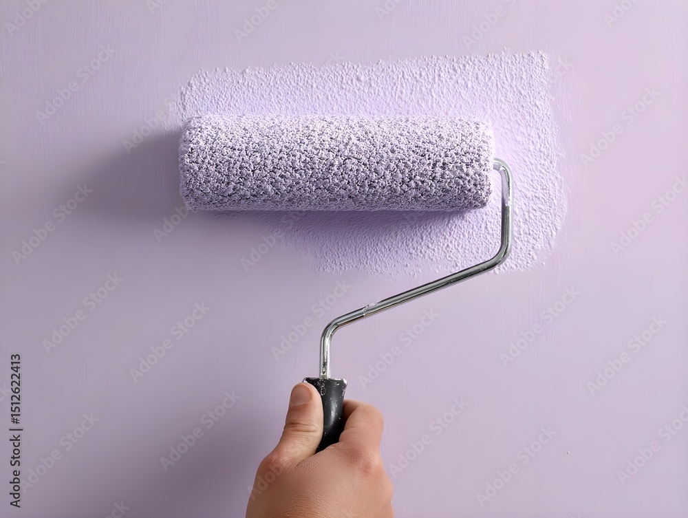 Obraz premium Close-up of roller applying soft-lilac paint with precision creating smooth pastel textures for DIY projects