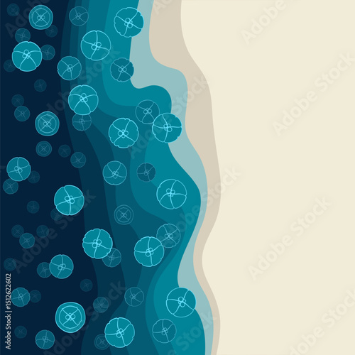 Vector background with the sea bottom and marine jellyfish in the water. Color illustration with silhouettes and layers.