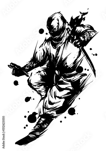 Shadow of the Ninja - Japanese Ink Painting in Sumi-e Style