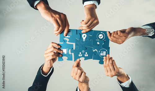 Quadro em tela Top view panorama banner of business team assembling jigsaw puzzle over table symbolize business partnership and collective teamwork for HR recruitment and job seeker background