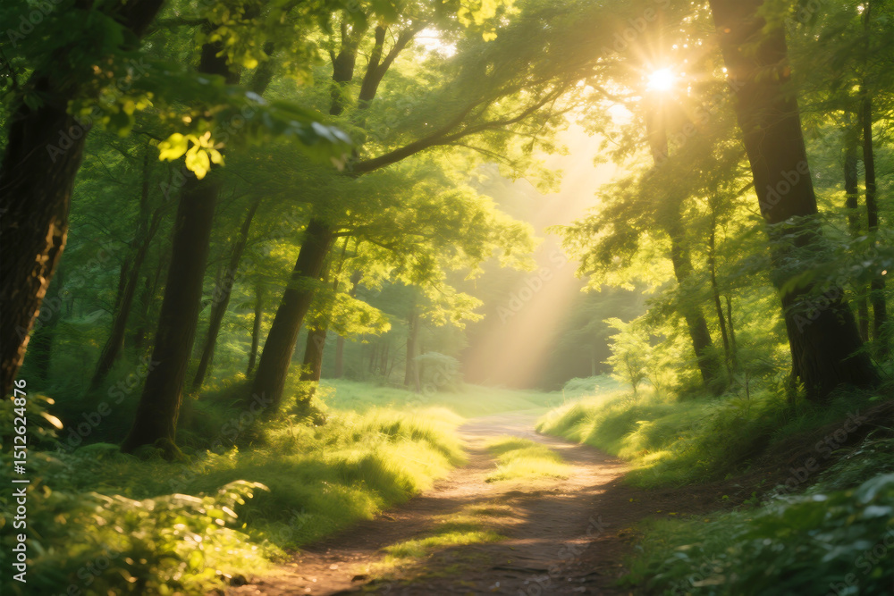 Obraz premium Sunlight Rays Through Green Forest Trees on Dirt Path