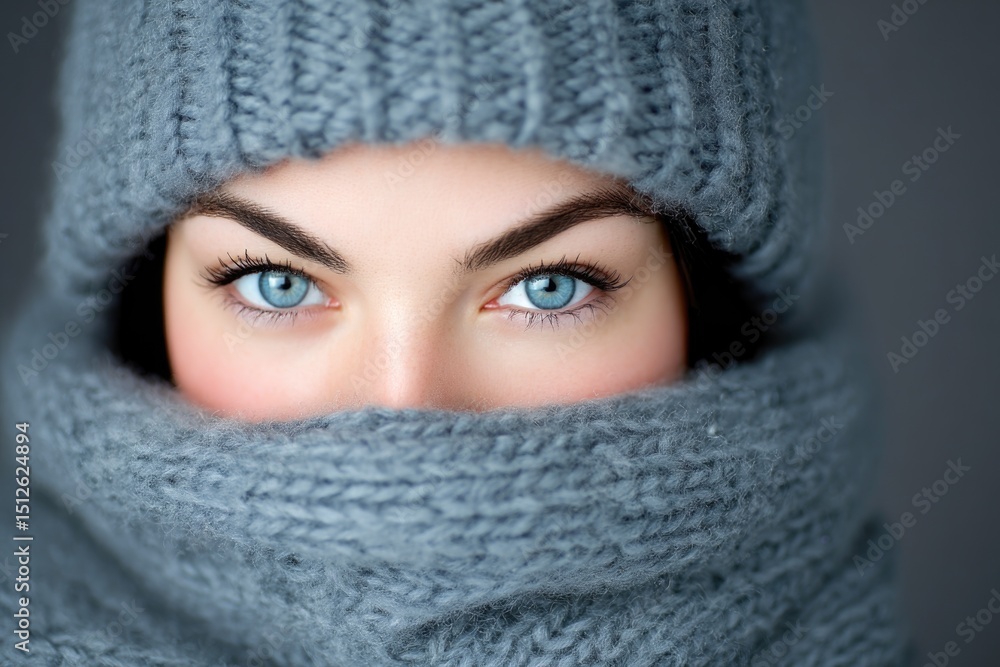 Close-Up Portrait of Woman in Cozy Knitted Winter Hat and Scarf Close-Up Portrait of Woman in Cozy Knitted Winter Hat and Scarf