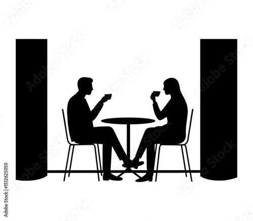 The husband and wife silhouette are sitting at the table, a loving couple meeting outdoors with a white background

