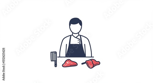 Butcher prepares meat cuts in shop minimalistic style illustration