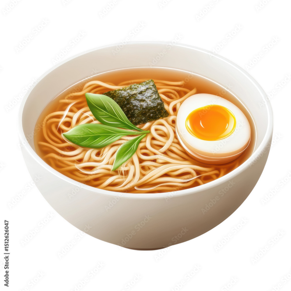 Bowl of ramen with egg, nori, and fresh herbs, served in white bowl, showcasing cozy and inviting noodle soup with clear broth Bowl of ramen with egg, nori, and fresh herbs, served in white bowl, showcasing cozy and inviting noodle soup with clear broth