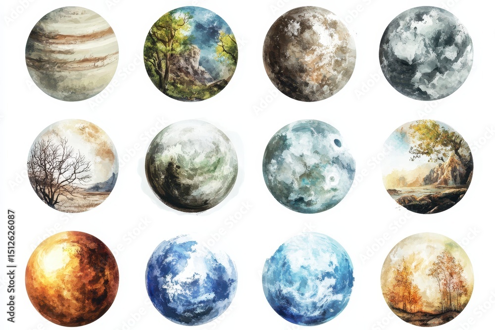 Surreal planets showcasing various nature elements in an imaginative cosmic landscape with a blend of colors and textures