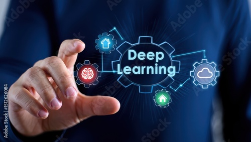 Deep learning concept with hand touching digital interface technology