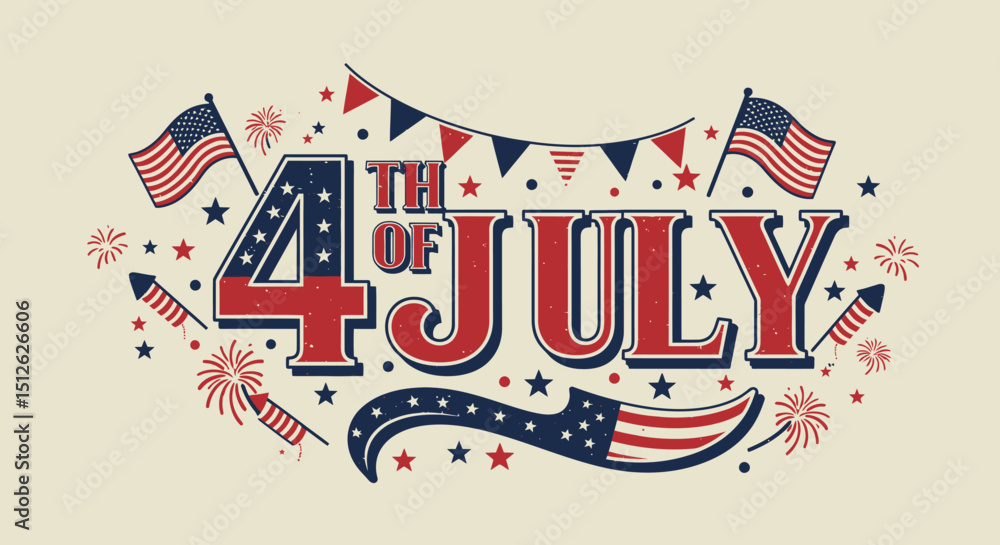 Fourth of July celebration graphic with patriotic american flags fireworks and festive decorations in red white and blue colors Fourth of July celebration graphic with patriotic american flags fireworks and festive decorations in red white and blue colors