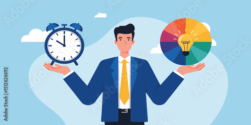 Time management, efficiency, productivity to finish work, delegation, finish tasks, prioritize responsibility, manage schedule, planning concept, businessman holding time clock with pie chart