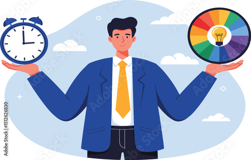 Time management, efficiency, productivity to finish work, delegation, finish tasks, prioritize responsibility, manage schedule, planning concept, businessman holding time clock with pie chart