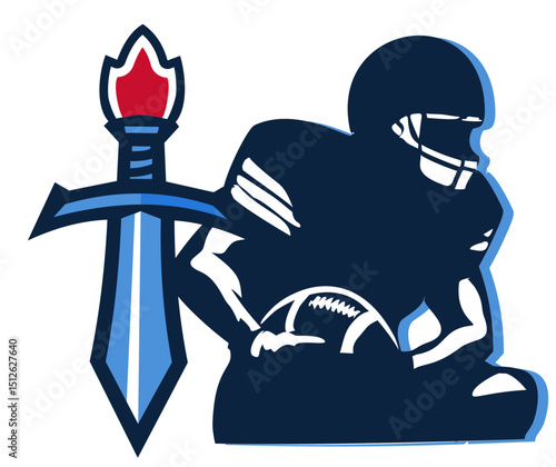 Silhouette of a football player holding a ball, next to a short battle sword (daga). Designed in sky blue and navy blue. Bold, dynamic sports design.
