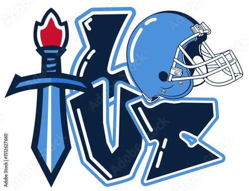 Sword  And Love lettering featuring a football player helmet as the “O”, in sky blue and navy blue tones. A bold, urban style perfect for sports-inspired street art and graffiti.