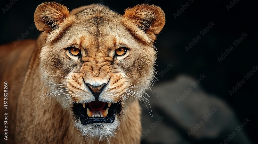 Naklejka premium the image depicts a close up of a tan colored animal's face. the animal's expression is intense, with its features contorted and teeth bared