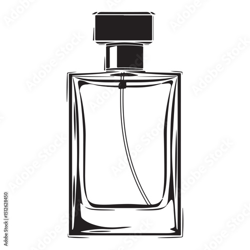 Elegant Perfume Bottle Illustration in Black and White Featuring a Clean and Modern Silhouette Style silhouette