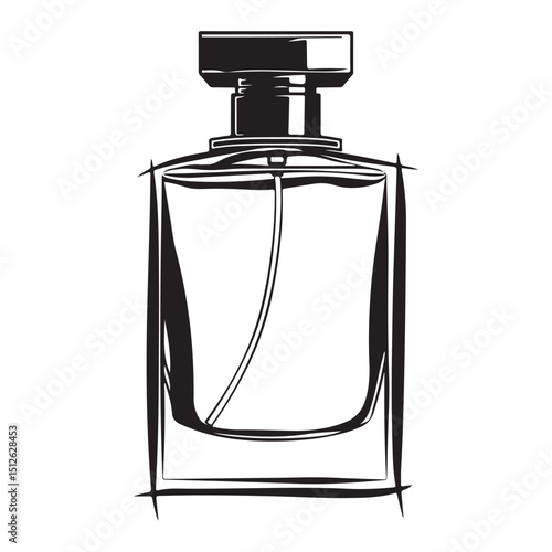 Elegant Perfume Bottle Illustration in Black and White Featuring a Clean and Modern Silhouette Style silhouette