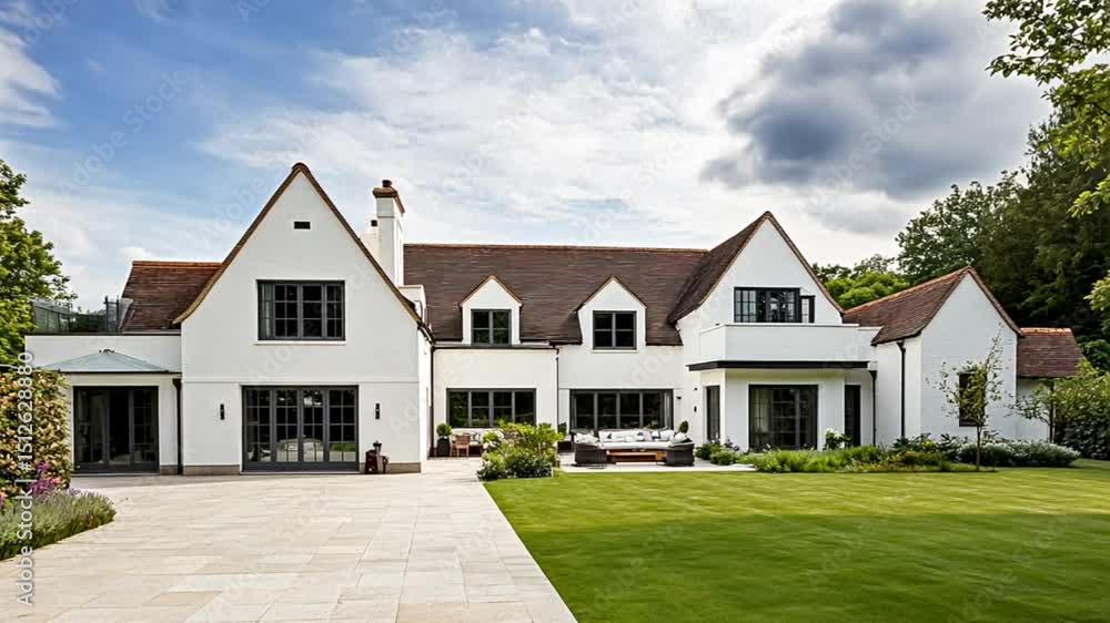 Modern house architecture, blending traditional architectural elements with contemporary design, featuring grand facade, large windows, manicured garden Modern house architecture, blending traditional architectural elements with contemporary design, featuring grand facade, large windows, manicured garden