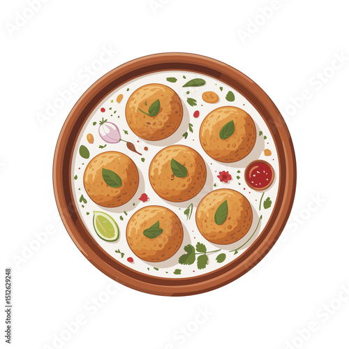 Dahi Vada with Spices and Garnish in Clay Bowl
