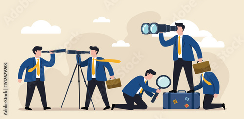 Observation, search for opportunity, curiosity or surveillance, inspect or discover new business, job search or hr finding candidate concept, curious businessman look through