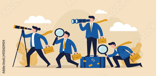 Observation, search for opportunity, curiosity or surveillance, inspect or discover new business, job search or hr finding candidate concept, curious businessman look through