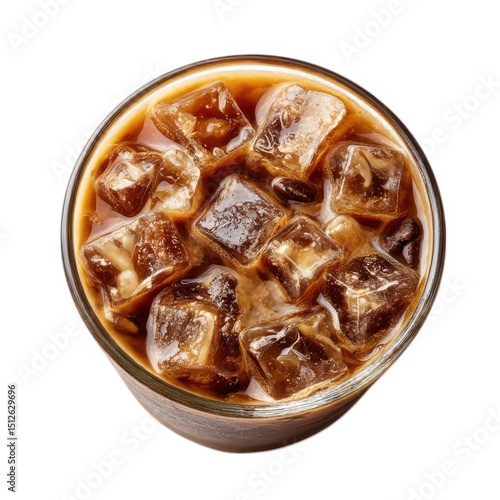 Top down view of a refreshing glass of iced coffee with ice cubes